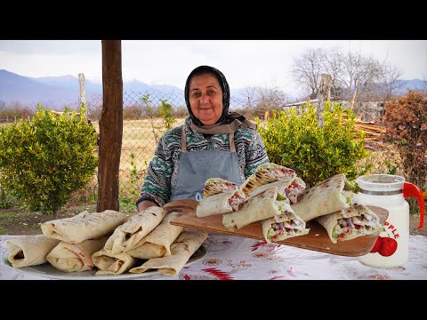 Sweet Grandma make Shawarma with Sadji Bread | Village Style Shawarma