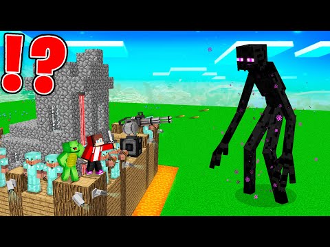 JJ and Mikey Built a HUGE Village Defense System vs Giant ENDERMAN in Minecraft - Maizen