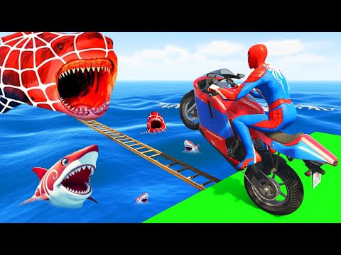 SPIDER MAN Takes on Spiral Bridge Stunt Ride on Motorcycle🦺🥽بطال الخارقين على القضبان دوامة قمع جس