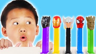 Eric & Kaden Superhero Kids Candy Powers: Spider-Man Iron Man & Groot Save the Day!