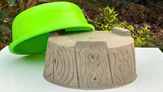 Simple wood grain plant pot design from plastic pot and cement