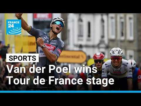 YouTube video thumbnail: Van der Poel Outsprints Pogacar and Vingegaard to win Tour de France Stage two