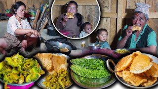 Wheat flour PURI with Potato & Bitter Gourd Recipe in village kitchen || Nepali food || Village vlog