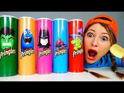 Mukbang Superheroes Adventures 컬러 프링글스 챌린지 Eating Giant Pringles by MIU