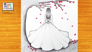 How to draw a cute Girl with Red Tree -Pencil sketch || Drawing easy for beginner || Girl drawing