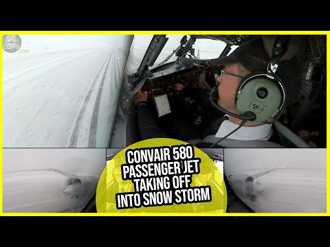 Our FAVORITE Split Screen! Convair 580 Passenger Jet Prop taking off into Snow Storm! [AirClips]