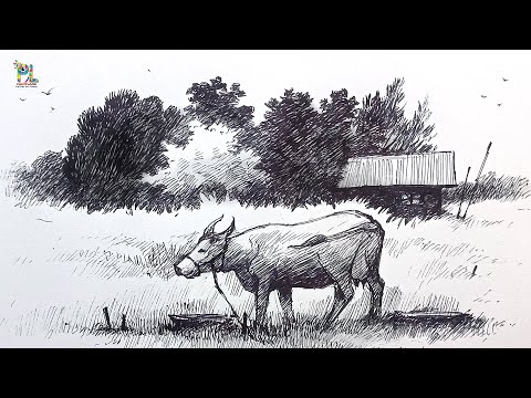 How to draw Country Farm with Cow in Landscape Art || Easy Pen Art