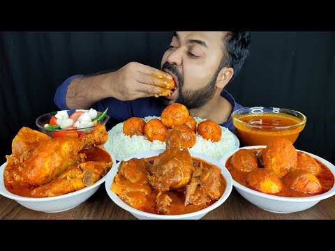 SPICY CHICKEN CURRY, EGG CURRY, RICE, CHICKEN GRAVY, SALAD, ONION MUKBANG EATING SHOW | BIG BITES |