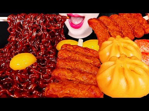 ASMR Black Bean Noodles, Pizza Man, Steamed Bun 피자 호빵 짜파게티, 김치 만두 먹방 Mukbang, Eating