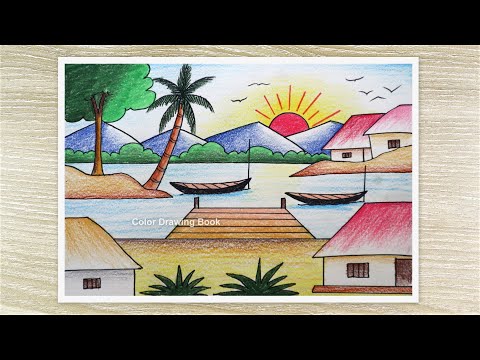 Village Sunrise Nature Drawing, Gramer Prakitik Drisso Drawing, Village Nature Art