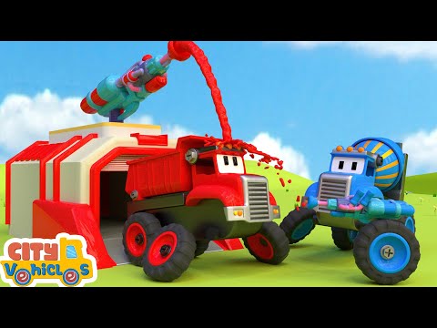 Construction Vehicles Assemble transport plane-bulldozer, dumbstruck and crane truck for kids.