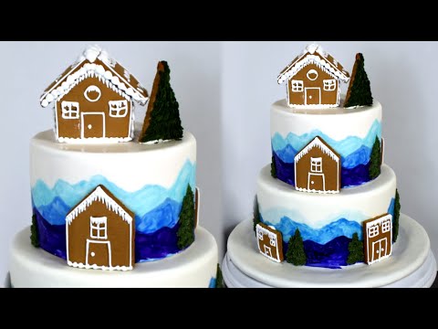 Making Winter Wonderland Cake with Cute Gingerbread Houses. Christmas Cake Tutorial