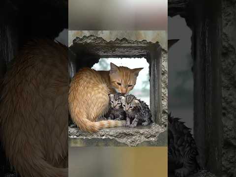 Last Refuge, Mother Cat and Kittens Trapped in Wall Cavity Amid Flood Ruins #mothercat #animals