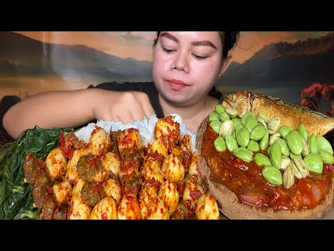 Balado jantung ayam telor puyuh,pete sambal terasi,ikan asin rebusan kangkung Mukbang