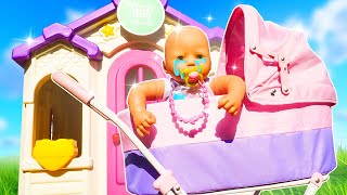 Baby Annabell doll lost her pacifier while playing with toys in the sandbox. A new toy pacifier.