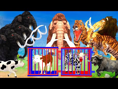 20 Zombie Black Mammoths Vs 20 Giant Tiger Dinosaur Monster Lion Attack 2 CowBuffalo Save by Mammoth