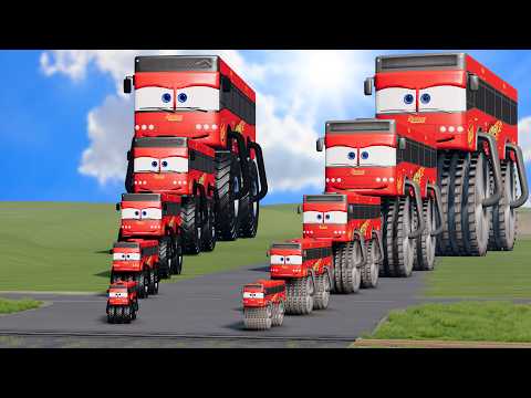 Big & Small Bus Lightning Mcqueen: Double Monster Saw Wheels vs Double Monster Wheels vs Trains
