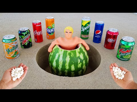 Experiment !! Stretch Armstrong VS Watermelon, Cola, Fanta, Mtn Dew, Pepsi and Mentos Underground