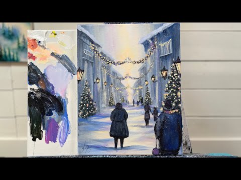 CHRISTMAS STREET Scene With FIGURES~ Acrylic Demonstration