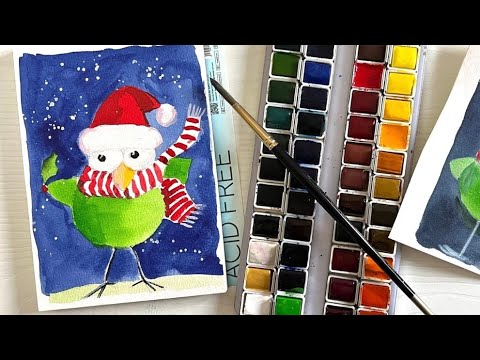 Whimsical 3 Minute Watercolor Birdie - Paint-Up to Christmas every day with me!