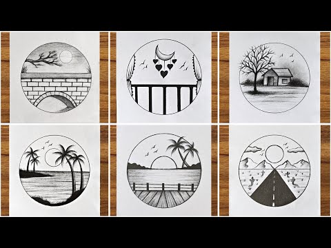 6 easy circle scenery drawing | Circle drawing for beginners | Pencil drawing in circle step by step