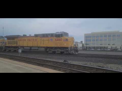 Union Pacific 6460 leads a sand train with BNSF 6987 in Roseville, CA