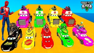 Colored Spiderman & Super Heroes driving Super Cars & Big Trucks in long race track