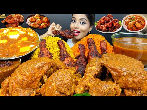 ASMR Eating Spicy Whole Chicken Curry,Schezwan Rice,Leg Piece Masala Big Bites ASMR Eating Mukbang