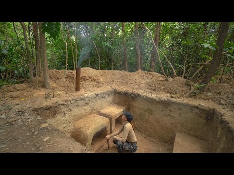 24 Days I building Underground Bushcraft shelter  Secret cave, Rainy Season Bushcraft.