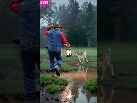 Kindness 🕯️ Man Guides Lost Fawn Home in Rainy Night #kindness #fawnrescue #shorts