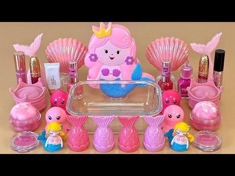 ASMR Slime 🧜‍♀️💗 Mixing ”Pink MERMAID” makeup, Eyeshadow, glitter into slime. Satisfying slime video