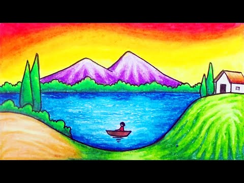 Menggambar Pemandangan | Cara Menggambar Pemandangan Sunset dan Gunung yang Mudah Dengan Oil Pastel