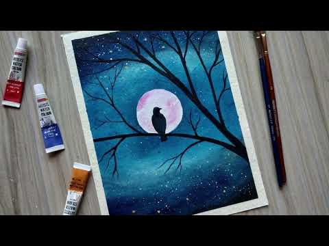 How to draw bird in the beautiful moonlight. - watercolor painting for beginner