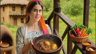 Making tomato sauce and cooking broth in a wooden hut