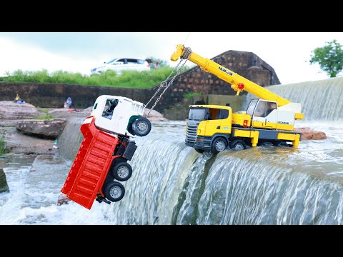 Dump Truck Trolley Accident Waterfall Pulling Out Crane ? Jcb Gadi Wala Cartoon | Tata Tipper CS Toy