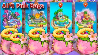 5 Pink Bags On Lei Island, Blooming Peaks, Turtle Coast, Fruit Festival | Family Island Pink Bags