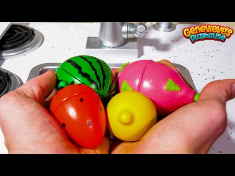 Learn Fruit and Vegetable Names for Kids with Toy Kitchen Cooking Party!