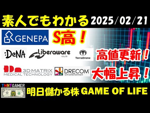 【明日のテンバガー株・高配当株】日経乱高下！ジェネレーションパス！S高！DeNA！テラドローン！リベラウェア！高値更新！ドリコム！スリー・ディー・マトリックス！大幅上昇！【20250221】