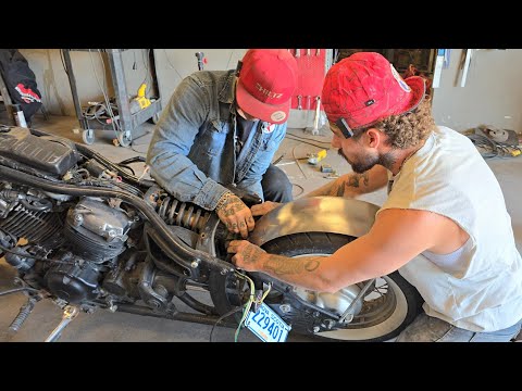 Day 2 of the bike build... Colton's OVERWHELMED... custom fender, ape hangers, body work and more 😬