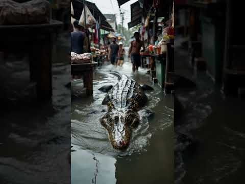 Buaya Masuk Pasar Banjir! Warga Tercengang Lihat Reaksi Buaya di Tengah Keramaian!