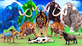 10 Mammoth Elephant vs 10 Giant Tiger vs 10 Zombie Bull Fight Cow Zebra Saved By Woolly Mammoth