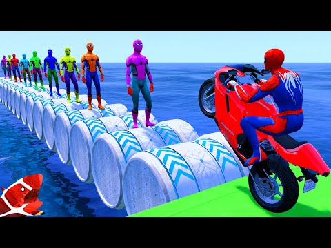 الأبطال الخارقين على القضبان دوامة قمع جسر 🏍️🐱‍SPIDER MAN!on Motorcycle in Spiral Bridge Stunt Rid