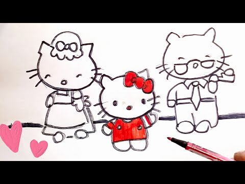 Hello Kitty and mather and father  coloring Pages and drawing for kids