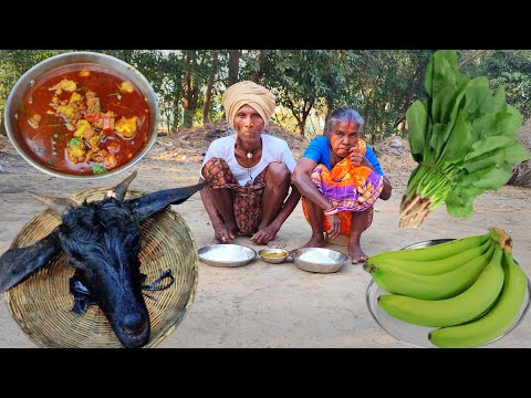 how chean GOAT HEAD and cooking || grandma cooking MUTTON CURRY and eating || village life india