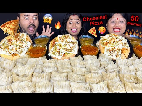 50 CHICKEN MOMOS 🥟 CHEESIEST CHICKEN PIZZA 🍕 AND SPICY CHICKEN EXTRA GRAVY EATING CHALLENGE MUKBANG