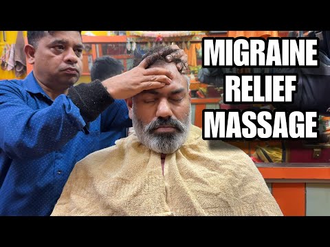 Asmr head massage, back massage and used smelling oil to reduce Migraine pain relief ! Indian barber