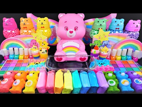 ASMR Carebears Slime mixing Random Shiny things into slime #Satisfying #slimevideo #asmr
