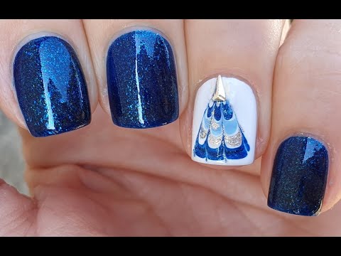 Blue Christmas Nail Art | Sparkle Christmas Tree Nails Tutorial