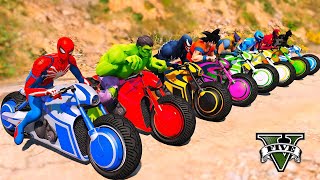 SPIDERMAN with SUPERHEROES Motorcycles Racing Challenge on Water slide Ramp At Grand Canyon - GTA 5