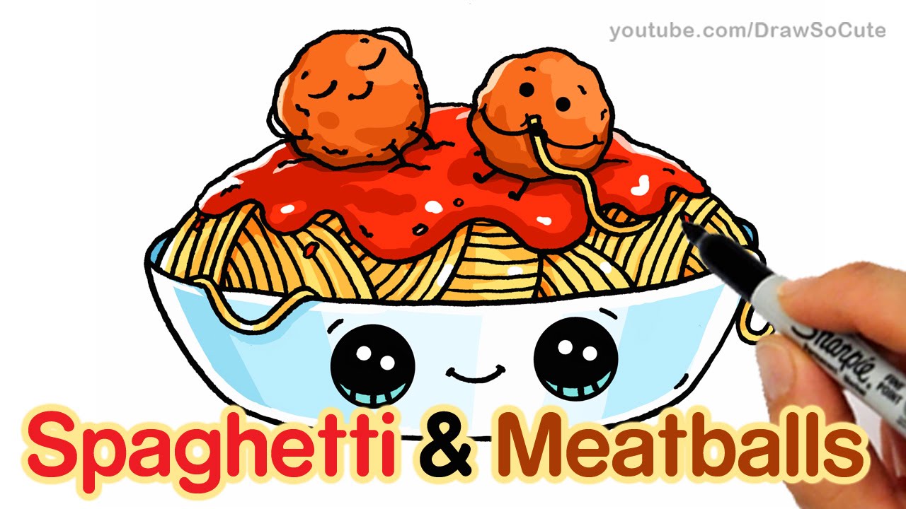 How to Draw Spaghetti and Meatballs step by step Easy - Fun Food with faces